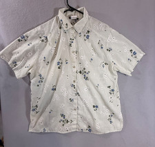 Vintage Top & Co Womens 16W Sage Green Gingham Eyelet Floral Shirt Made in USA