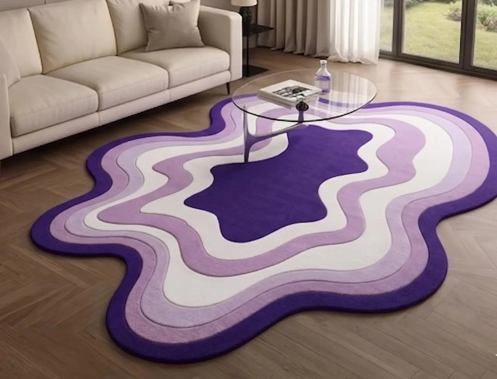 Custom Area Rug, New Zealand Wool, Wavy Shape, Purple Decor Design Carpet Rug