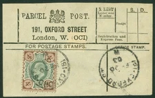 Edward VII 4d. Very fine used on parcel post label with a 191 Oxford St CDS...