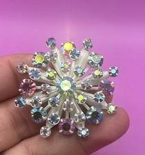 Vintage White Tone Starburst Ab Rhinestone Pin Brooch Stunning
