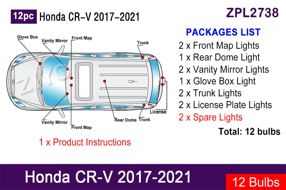 Actualización de luz interior LED de 12 piezas para bombillas blancas Honda CR-V CRV 2017-2021 Foto 2 de 4