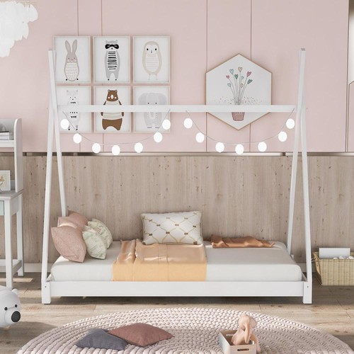 New Practical Twin Size House Platform Bed with Triangle tructure,White - Picture 7 of 9