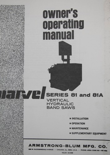 Marvel 81, 81A Bandsaw Operation, Main, Elec, Hydraulic & Parts Manual 1987 - Picture 2 of 5