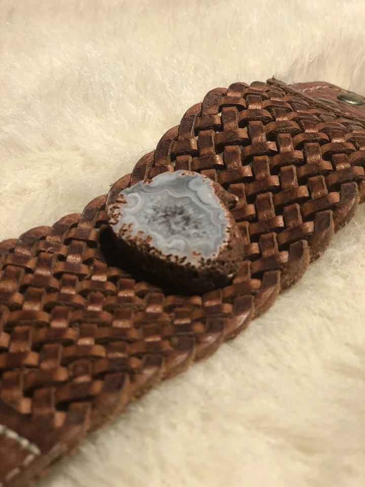 Смелый кожаный браслет, широкая плетеная лента с агатом - простой и смелый - Изображение 4 из 4