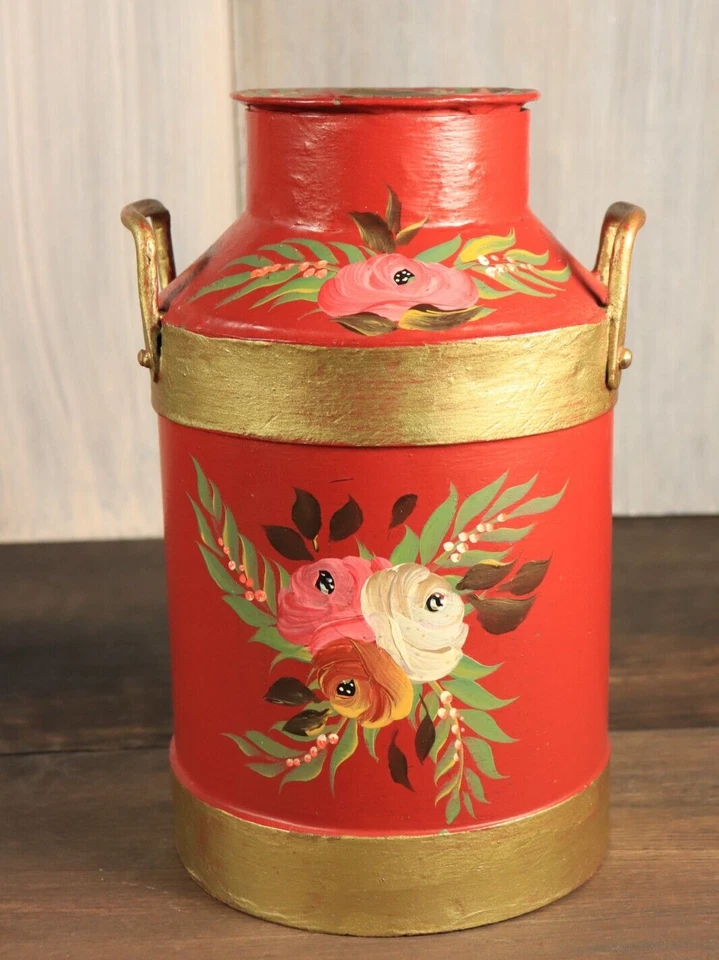 Ancien Boîte à Thé en Forme de Petit Pot Bidon à Lait Peint Main Tôle Fleurs - Photo 2/4