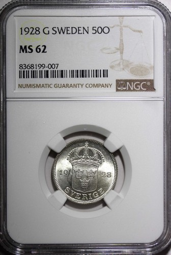 SWEDEN Gustaf V Silver 1928 G 50 Ore NGC MS62 KM# 788 (007) - Picture 2 of 5
