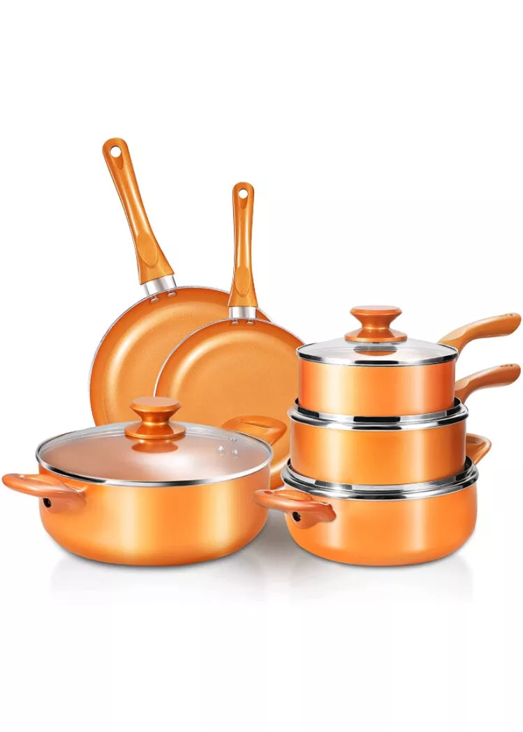 Fruiteam 10pcs Cookware Set Ceramic Nonstick Soup Pot/Milk Pot/Frying Pans Set | Copper Aluminum Pan with Lid, Induction GAS