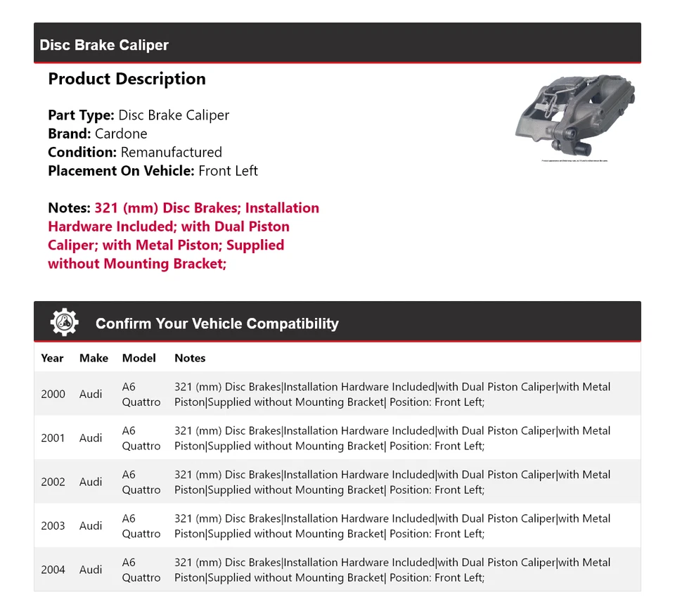 Pinza de freno de disco delantera izquierda cardone 2001 2002 para Audi A6 Quattro 2000-2004 Foto 2 de 4