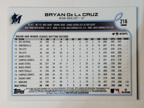 2022 Topps Chrome #216 Bryan De La Cruz RC!!! ~ Miami Marlins ROOKIE!!! - Picture 2 of 2