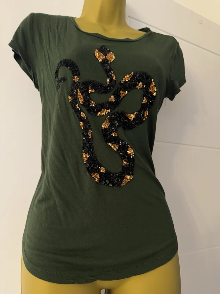 H&M Green Sequin Snake T-Shirt Women’s Size M Graphic Tee Boho Rock Chic Style - Image 2 of 4
