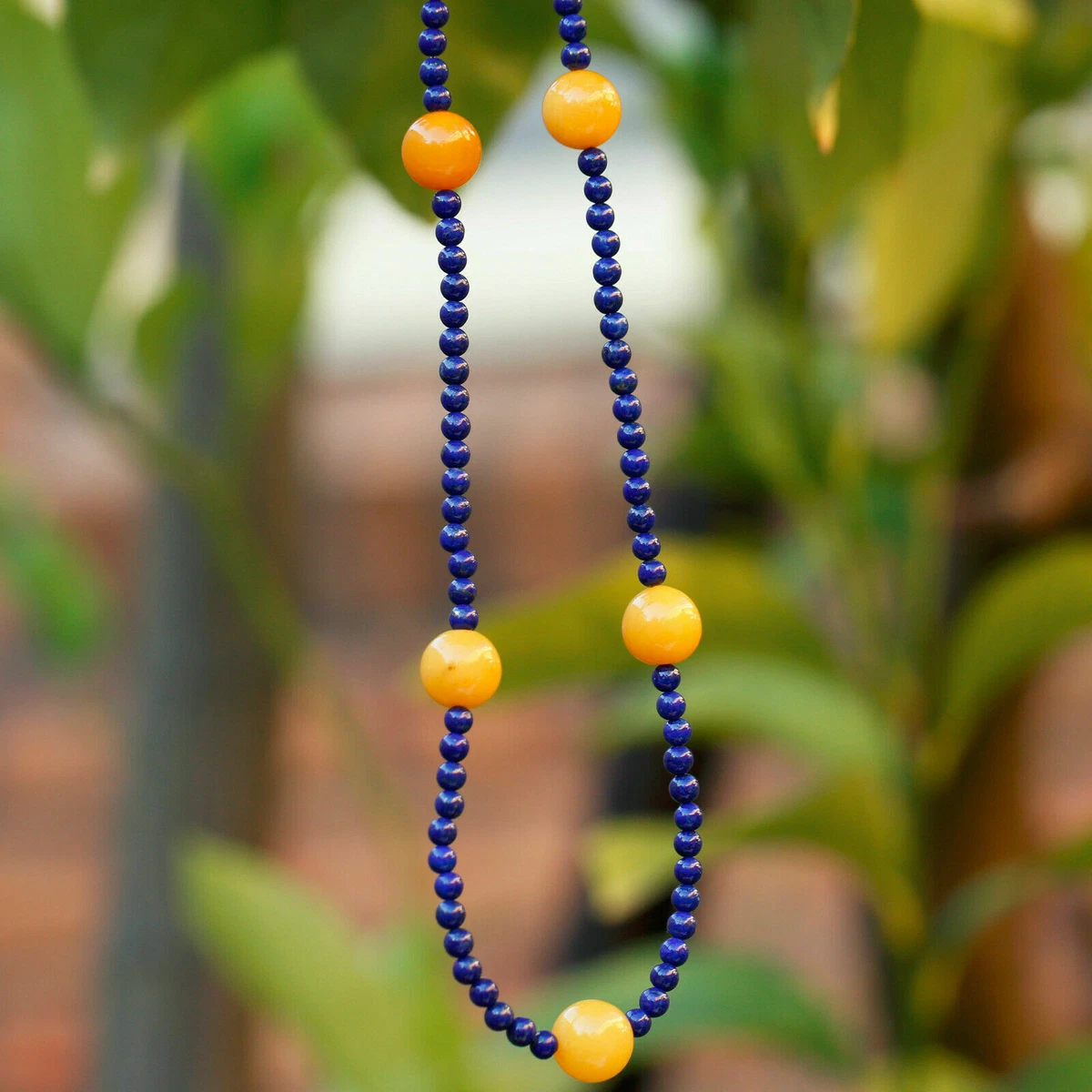 Nice Natural Baltic Honey Amber natural Lapis Lazuli necklace 43cm AD111