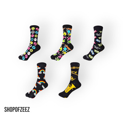   Colourful Music Theme Socks - Unisex Retro Style - Black with Colourful Patterns