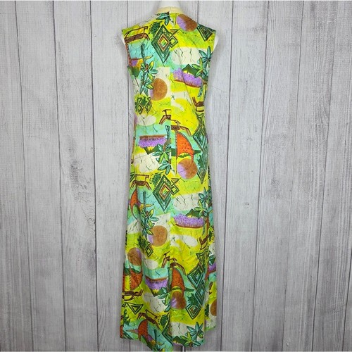 Vintage 60s Penney’s Hawaii Tiki Maxi Dress Neon Mod Festival, sz Small - Picture 4 of 6