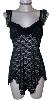 Y2k 90's Womens Black Sheer Lace Asymmetric Babydoll Whimsigoth Slip Dress Sz L