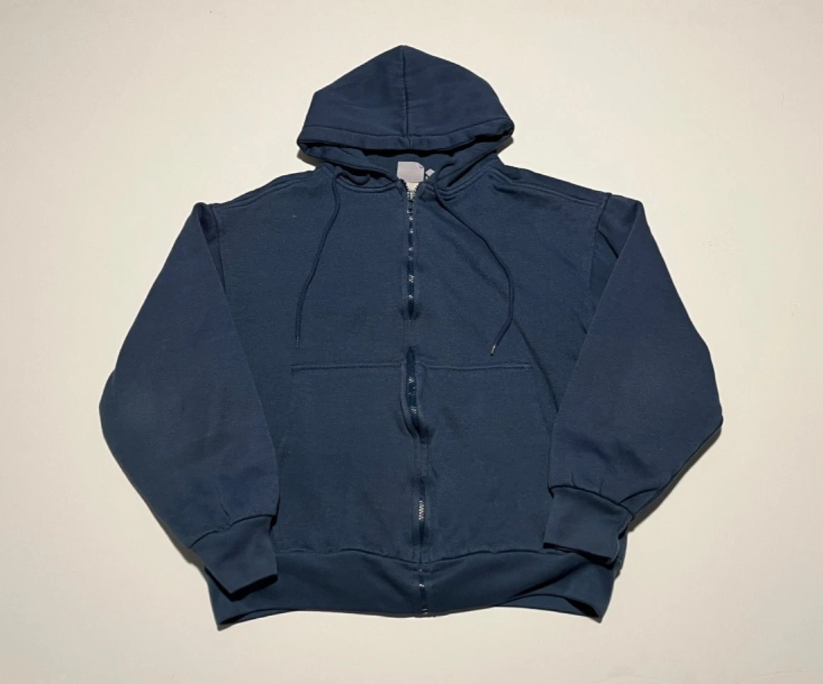 Vintage Y2K Waffle Thermal Lined Zip Up Hoodie Navy Blue Franklin Workwear Boxy