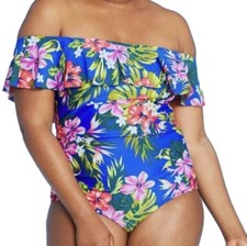 One Piece Swimsuit Floral Flounce High Coverage kona sol large NWT Blue Floral