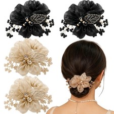 4 Pcs Flower Leaf Elastic Hair Ties Crystal Ponytail Holders Rhinestone Hair Scr