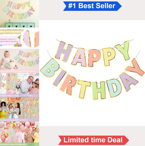 Pre-Strung Happy Birthday Banner Pastel Macaron Gold Foil Cardstock Ready to