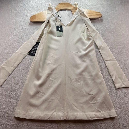 TUCKERNUCK Cream Blythe Mini Dress Stand Up Ruffle Collar Bow Tie Back Sz Medium - Picture 4 of 13