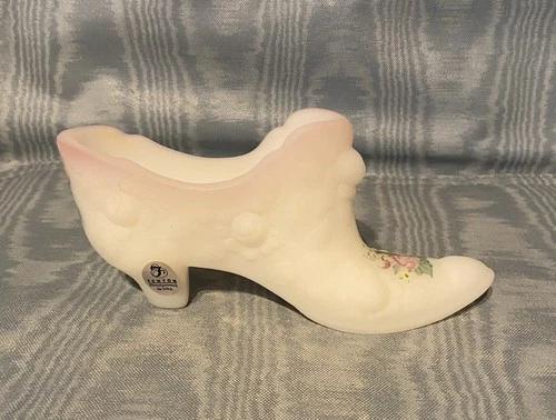 Vintage Rare Fenton  Hand Painted White Satin Flowers /Roses Ladies Glass Shoe
