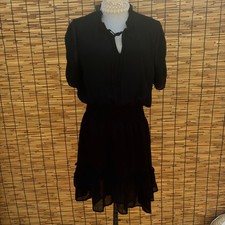 Forever 21 Chiffon Ruffle Mini Dress Black Smocked Waist Short Sleeve Medium NEW