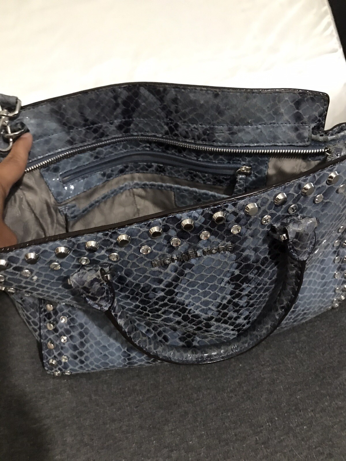 Michael Kors Selma Blue Embossed Python Satchel - image 4