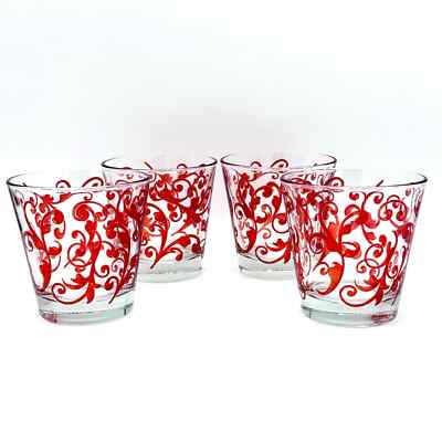 Set of 4 Vintage Cerve Italy Drink Lowball Glasses Red Swirl Pattern MCM 3.25''