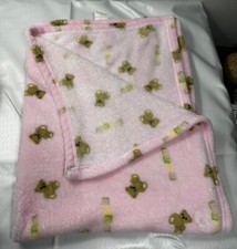 Pink Fleece Vtg baby security blanket 40x30 brown bears lovey VERY RARE