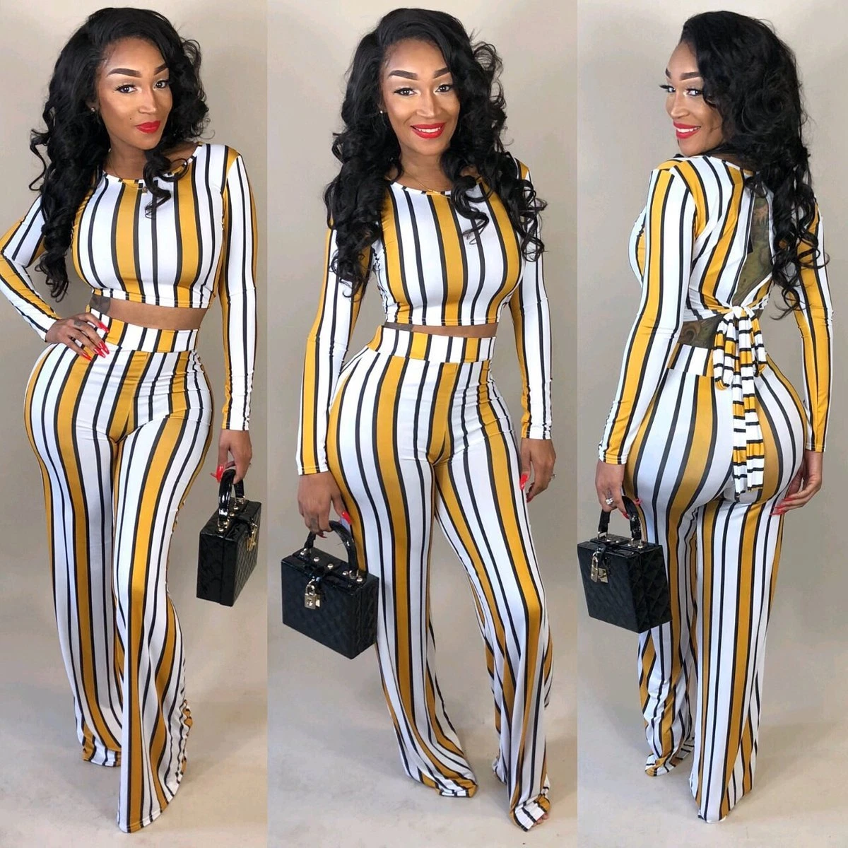 Women 2 Piece Outfits Long Sleeve Crop Top Pants Set Casual