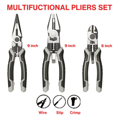 3pc Pliers Set 8'' Wire Stripper Cutter Crimper 8'' Long Nose 7'' Diagonal Tool