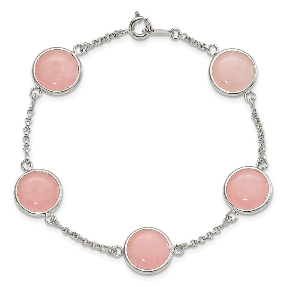 Pulsera de cuarzo rosa pulido de plata de ley de 7,5" regalo para madre Foto 3 de 3