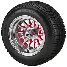 (4) Golf Cart 205/50-10 Deli Low Pro Tires on 10x7 Machined/Red 14-Spoke Wheels