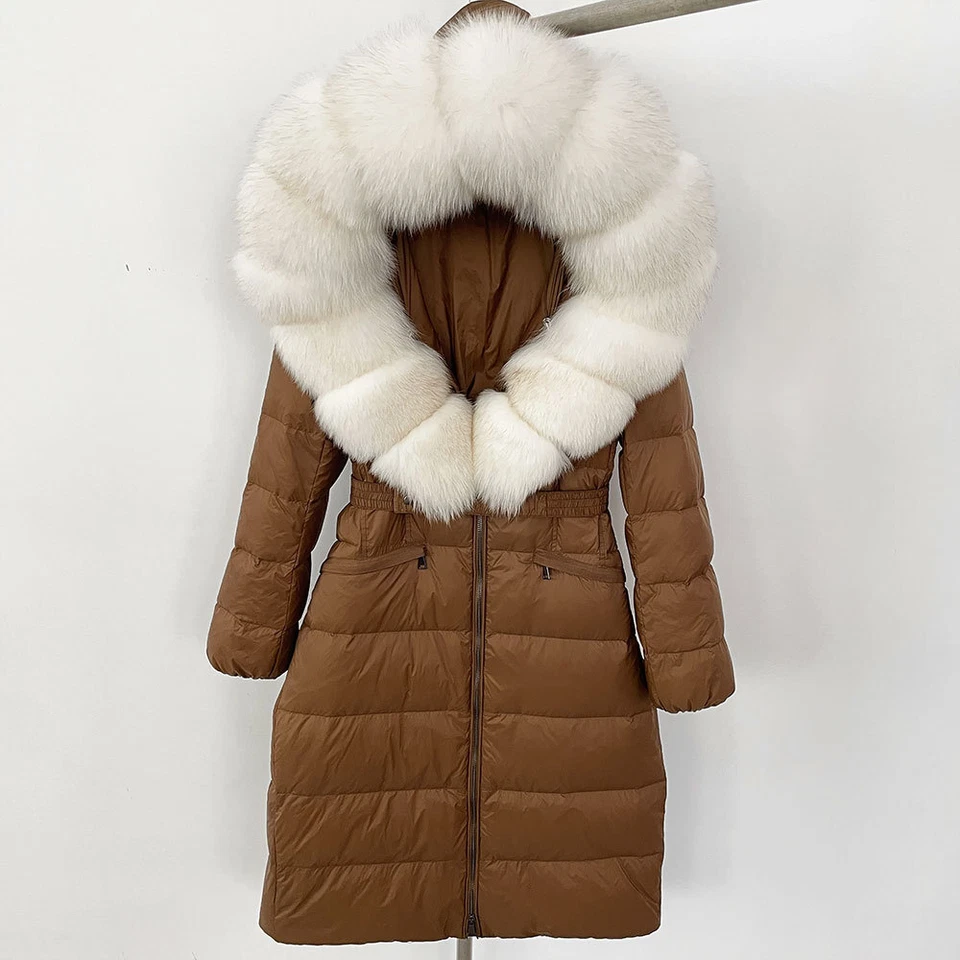 Winter Womens Hooded Real Fox Fur Collar Down Jacket Long Coats Overcoat Zipper - Image 3 of 4