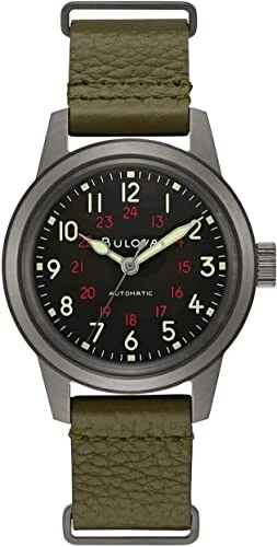 Bulova Reloj Hombre Militar Automático Hack Característica Cuero Verde 38 MM 98A255
