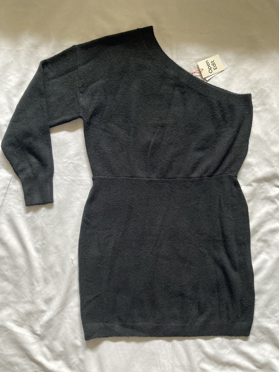 New Open Edit Nordstrom Black Sweater Dress One Shoulder Long Sleeve XL