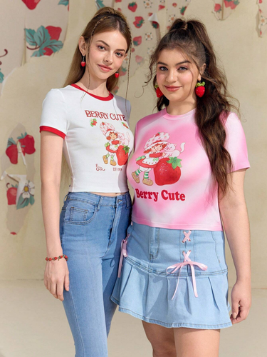 Women's Strawberry Shortcake Kawaii White Red Cute Crop Slim Fit T-Shirt Tee Top - Picture 6 of 8