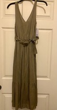 Nine West Sz XS NEW Linen Blend Sleeveless Tiered Midi Dress Army Safari Green