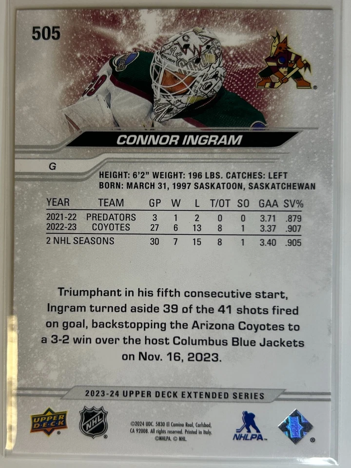 2023-24 UD Extended Series UD Exclusives #505 Connor Ingram /100 - Image 2 of 2