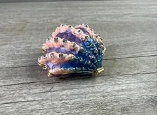 Enameled & Jeweled Metal Clam Shell Trinket Box Magnetic Closure Pink Purple