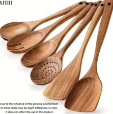 6 PC Teak Wood Wooden Spoons for Cooking Tools Kitchen Utensils Spatula Set