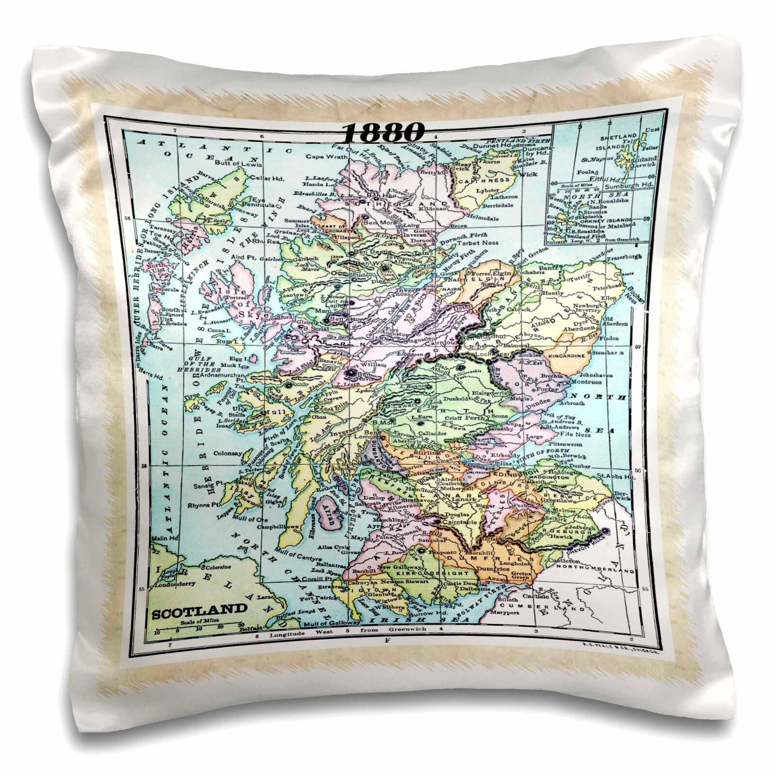 3dRose 1880 Map Of Scotland 16x16 inch Pillow Case