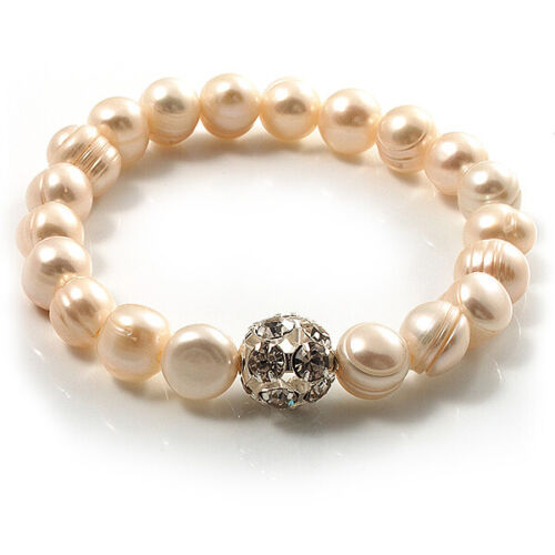 Snow White Freshwater Pearl Crystal Flex Bracelet (9mm) - Picture 1 of 4