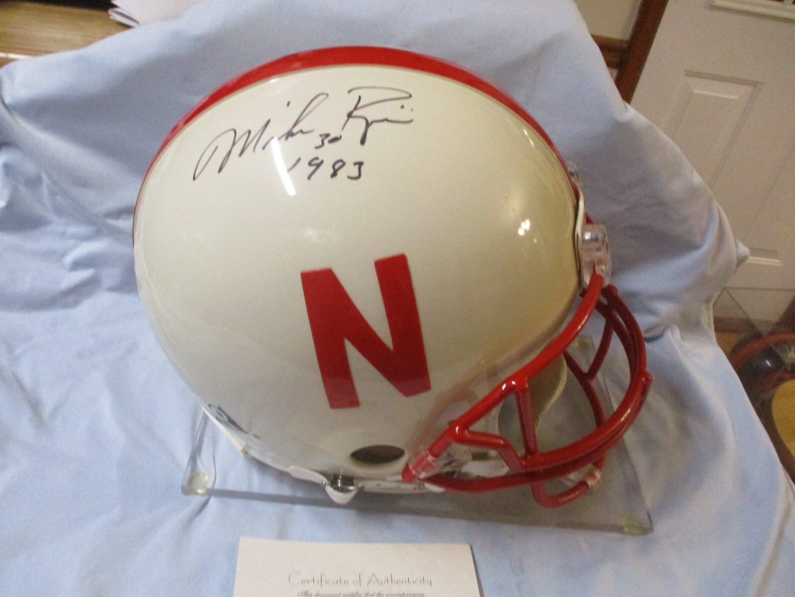 FULL SIZED FOOTBALL HELMET WITH COA AUTOGRAPHED BY MIKE ROZIER NEBRASKA 