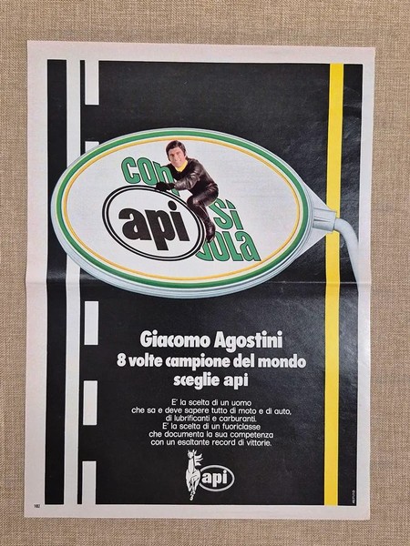 Carburanti e lubrificanti API Test. Giacomo Agostini Pubblicità vintage anni '70