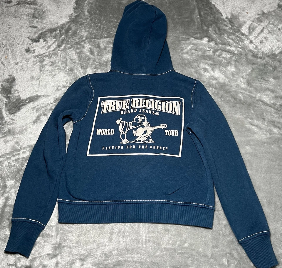 True Religion Hoodie Women Size Medium Full Zip T Stitching Blue Y2K - Image 2 of 4