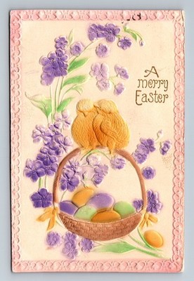 Merry Easter Baby Chicks Easter Eggs Baskets Fancy Border c1910 Embossed