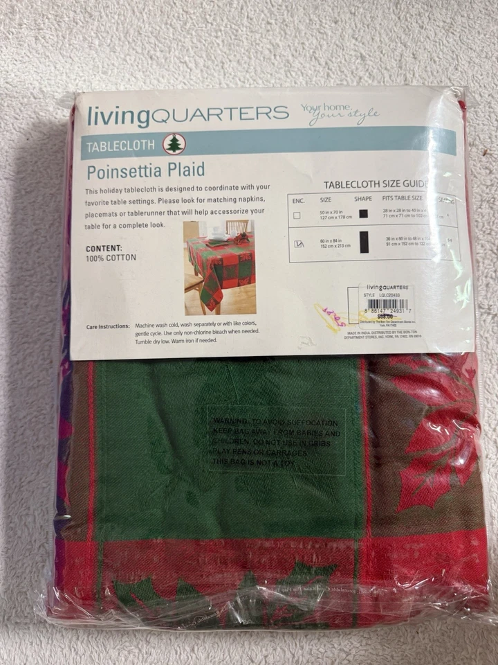NEW POINSETTIA PLAID Tablecloth 60” x 84” Living Quarters Lifestyles 100% Cotton - Image 3 of 4