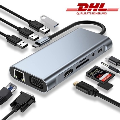 10in1 USB-C HUB Docking Station Adapter Display 4K-HDMI USB 3.0 RJ45 VGA SD