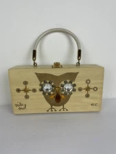 Vintage Enid Collins Of Texas, Wooden Blonde Box Bag Purse Nite Owl Round Mirror