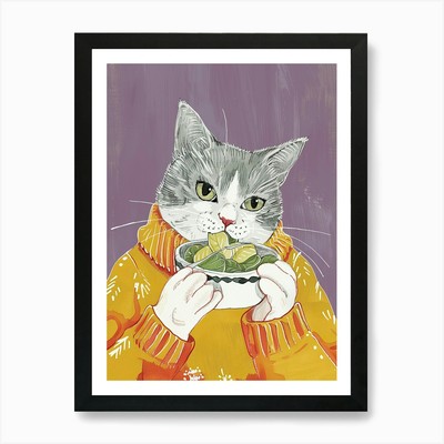 Gerahmtes Wandbild Poster Leinwanddruck Bild Graue Katze isst Salat Folk Illustra